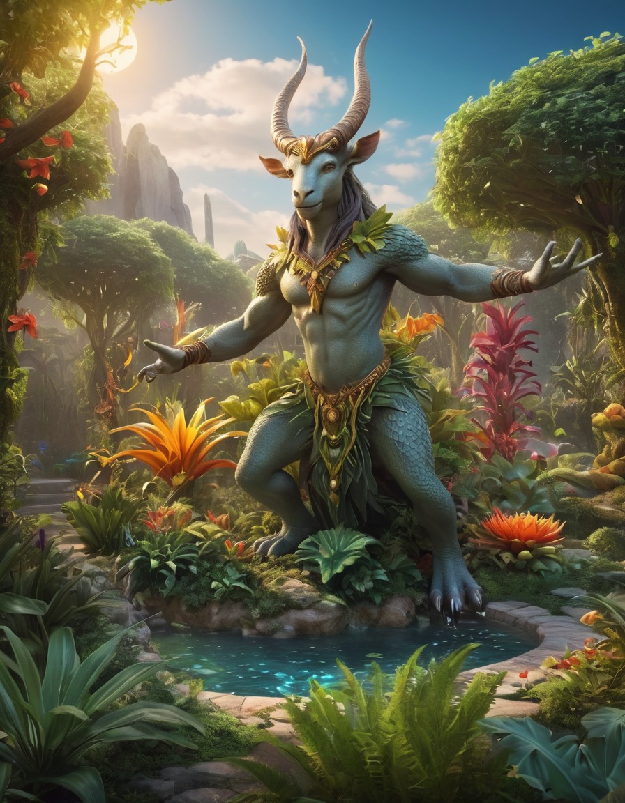 mythical creature, magical garden, exotic plants, fantasy, creatures, whimsical, fantastic