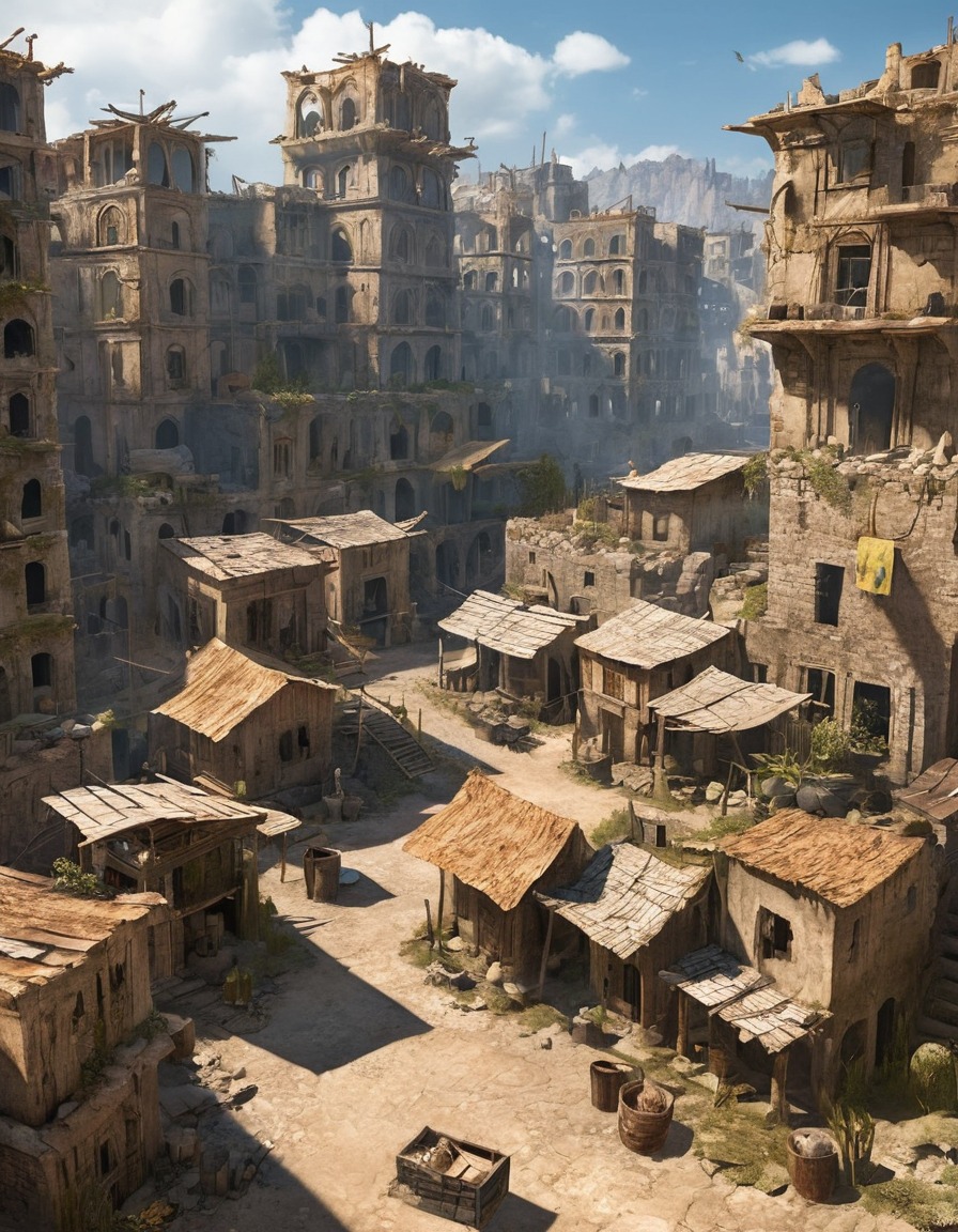 urban decay, settlement, scavenged materials, ruins, dystopia, fallout, games, tv shows