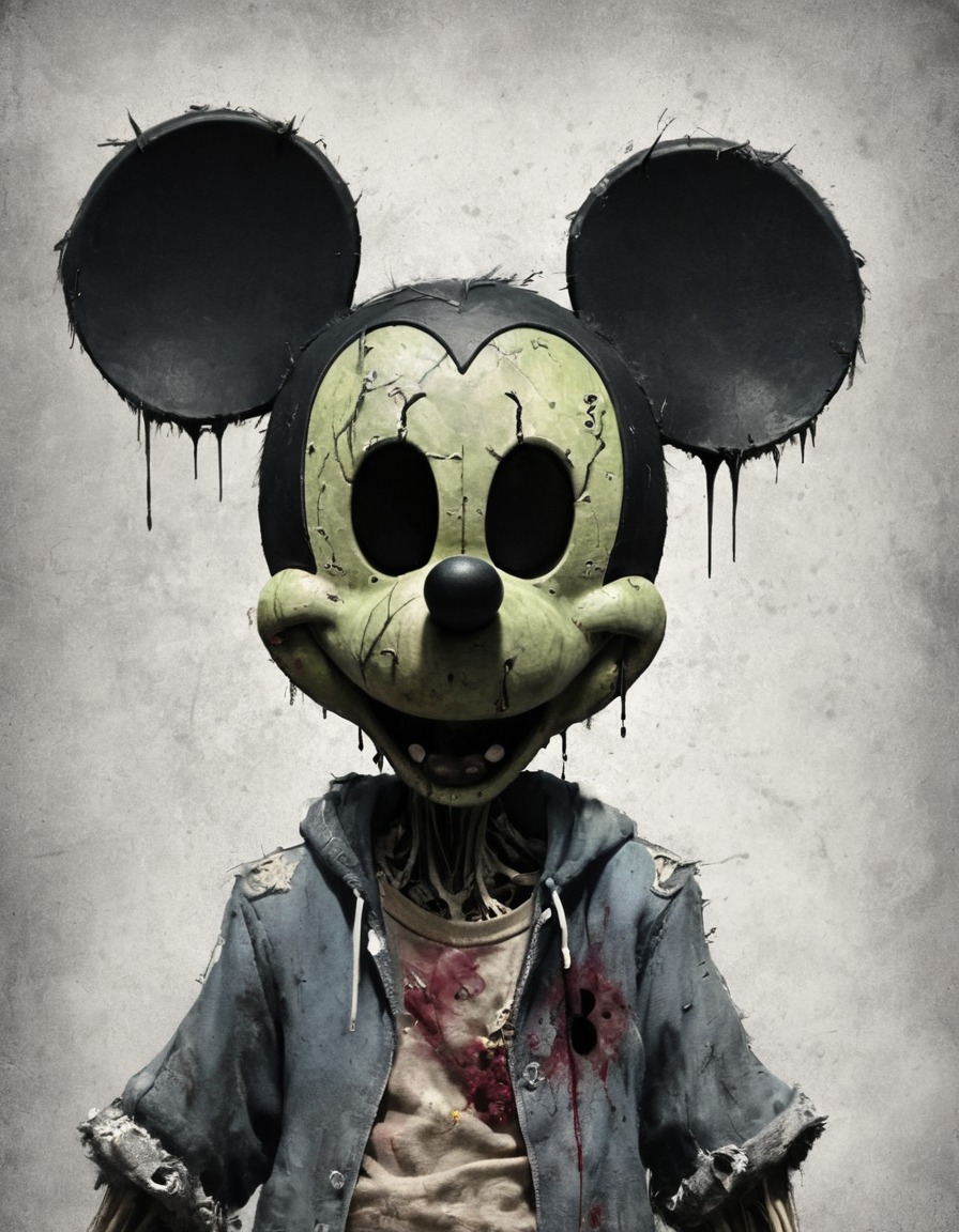 mickey mouse, disney, zombie, horror, art, illustration