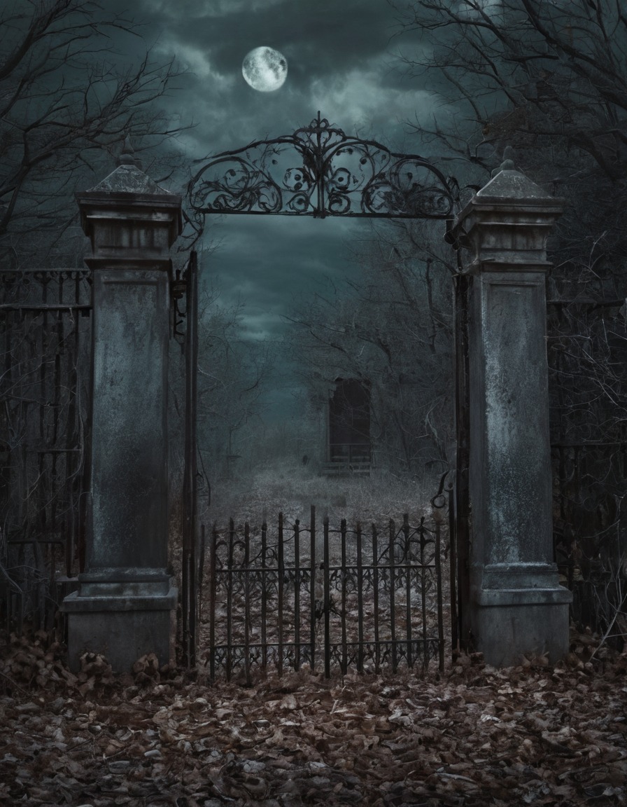 ghost, apparition, haunted, cemetery, wrought iron gate, gothic, underground, dark