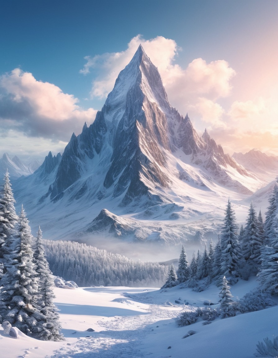 mountain peak, snow, ice, fantasy, landscape, nature, majestic