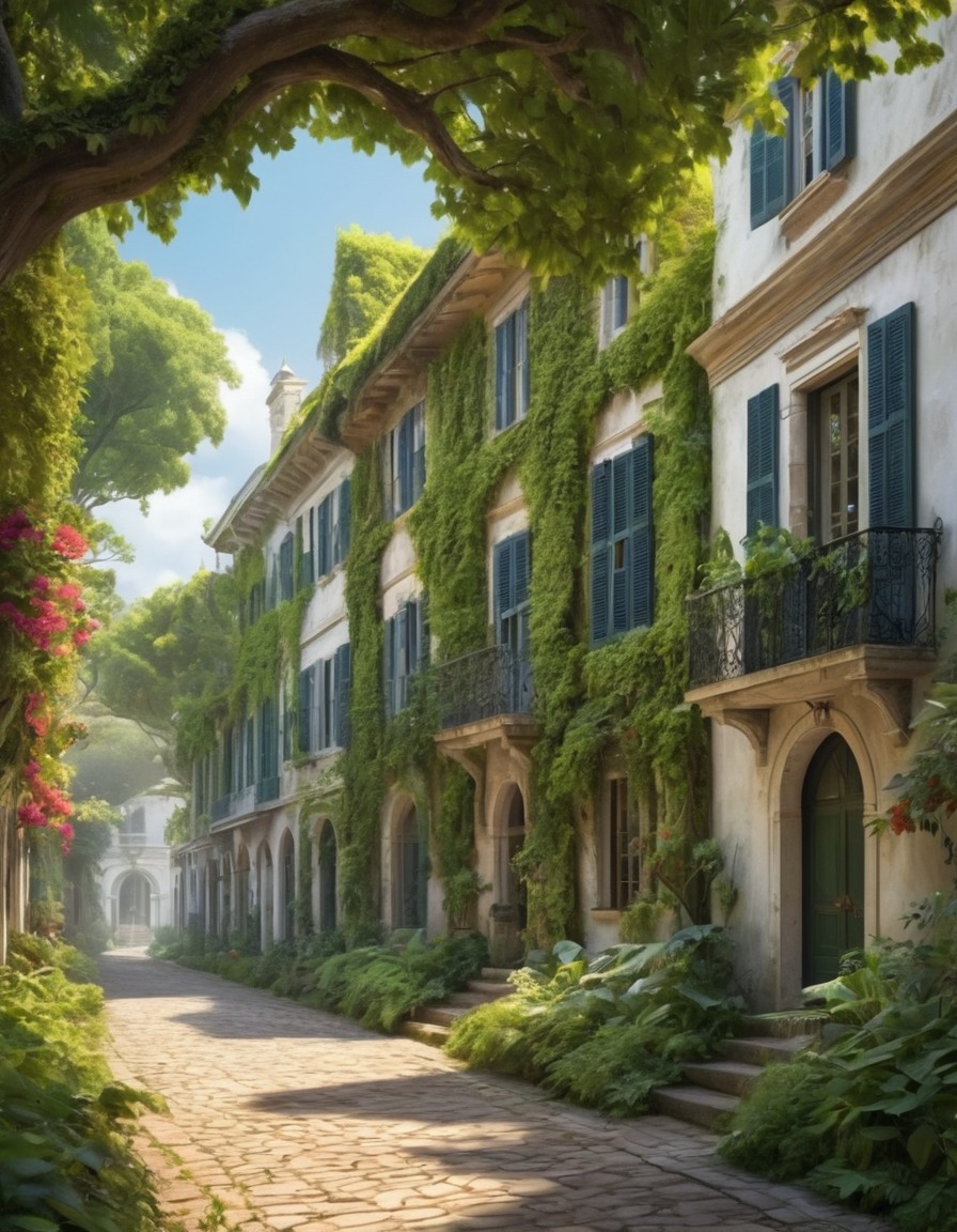 colonial-style buildings, historic, street, lush greenery, architecture