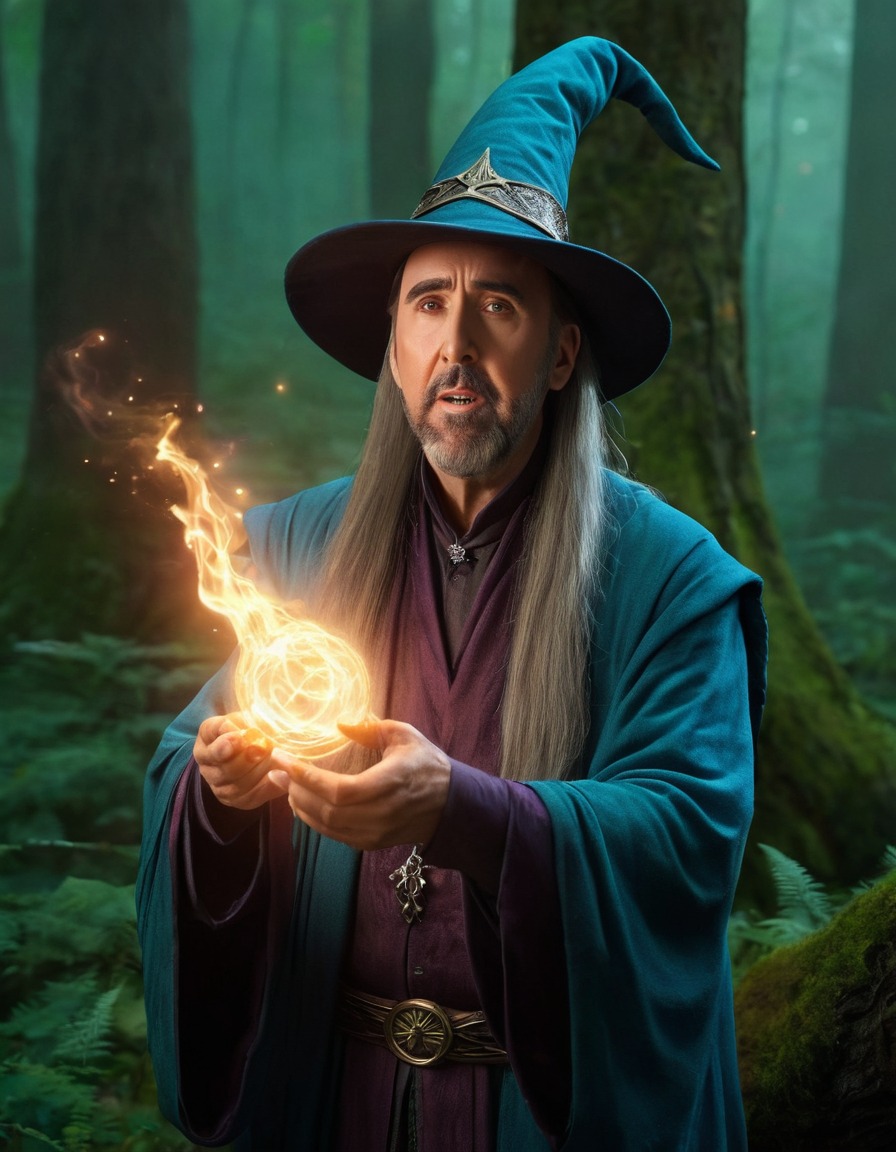 nicolas cage, wizard, spellcasting, mystical forest, magic, fantasy