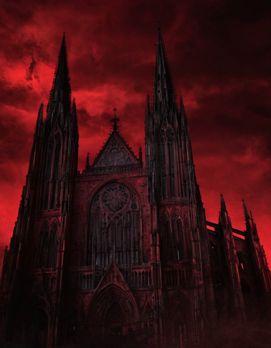 gothic cathedral, silhouette, blood-red sky, gothic, underground, dark