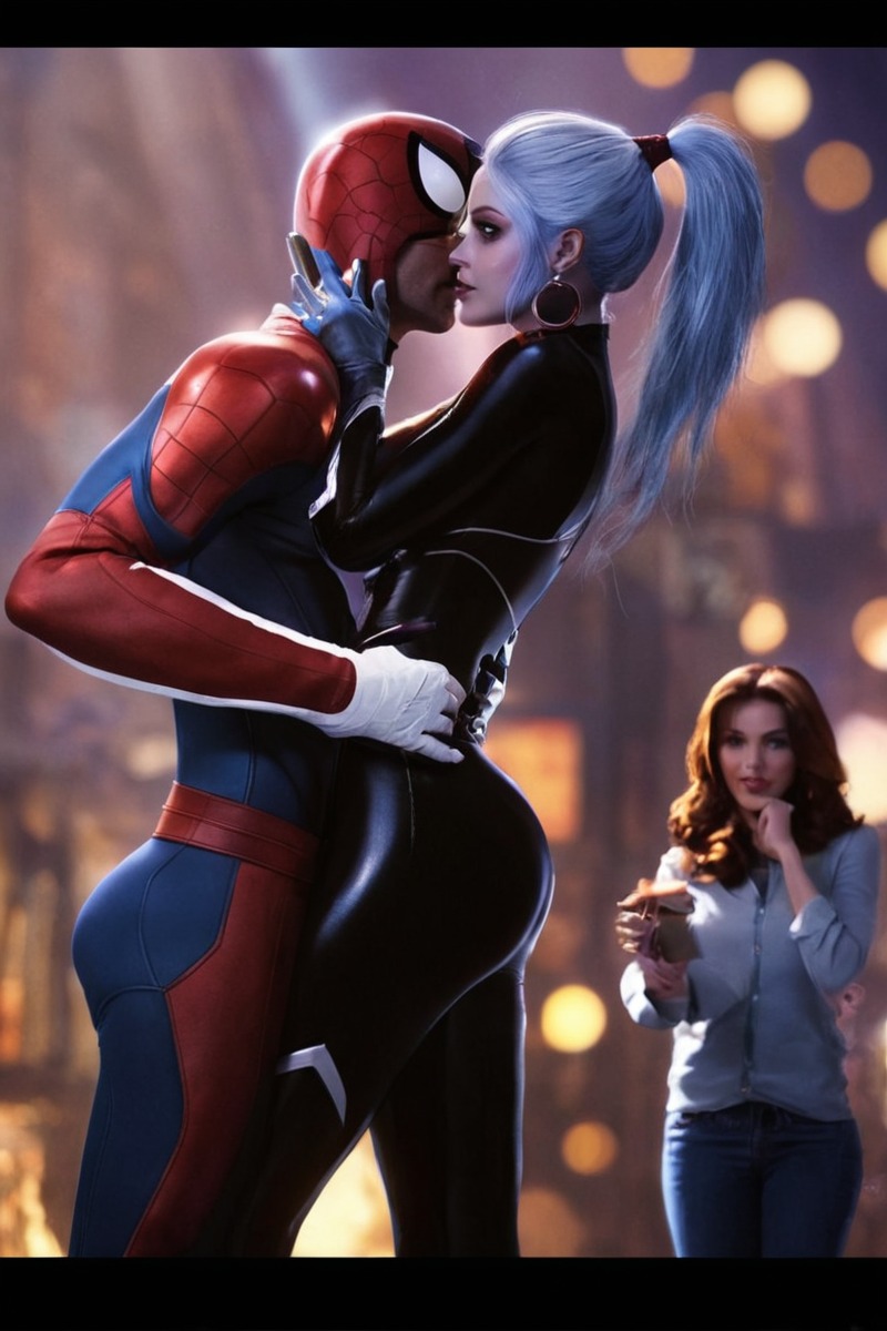 fanart, spiderman, blackcat, blender, booty, butt, hot, kissingcouple, love, rain, romance, wet, blackcatmarvel, blackcatspiderman, blackcatfeliciahardy