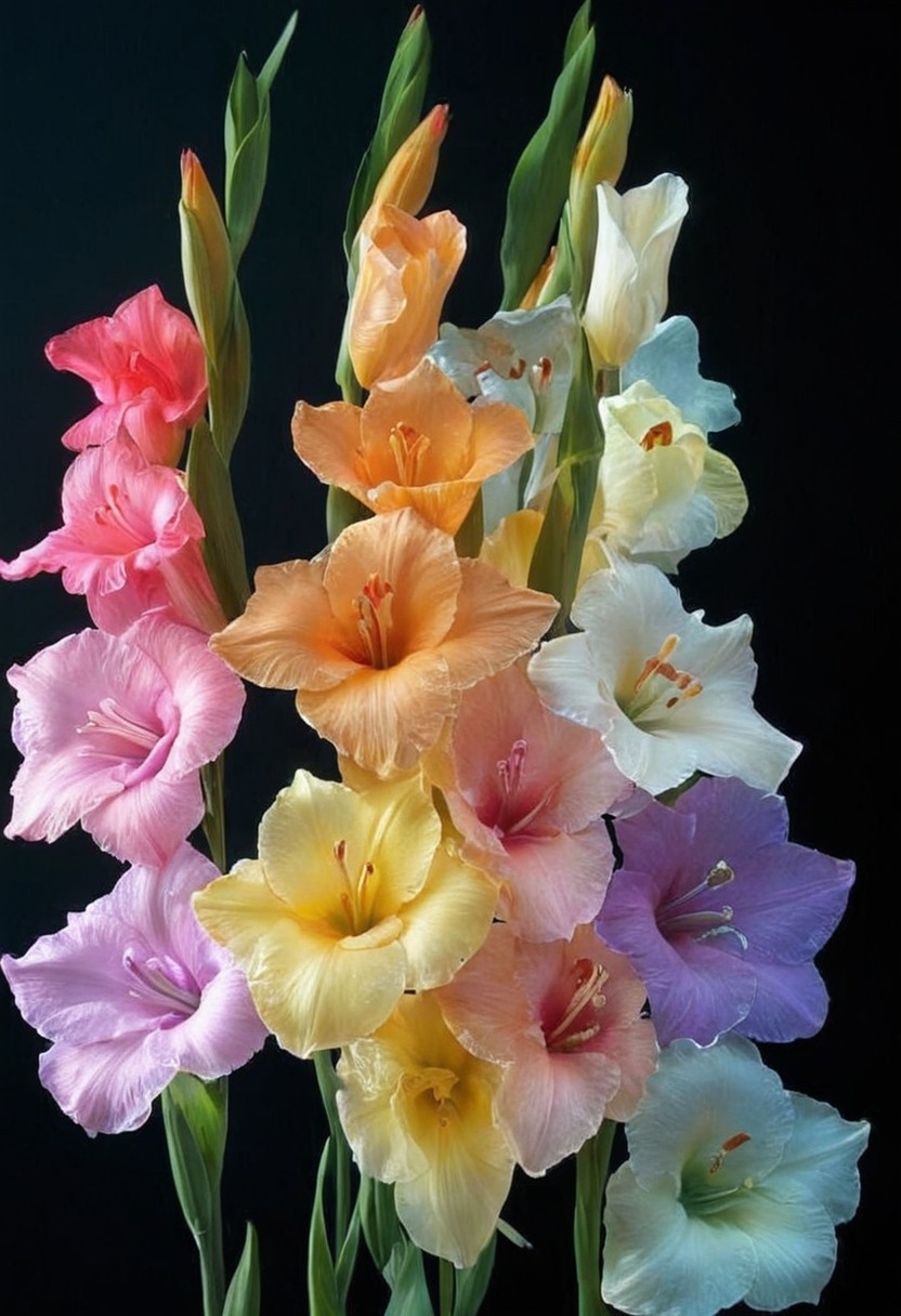 gladiolus, flowers, digital art, colorful, black background