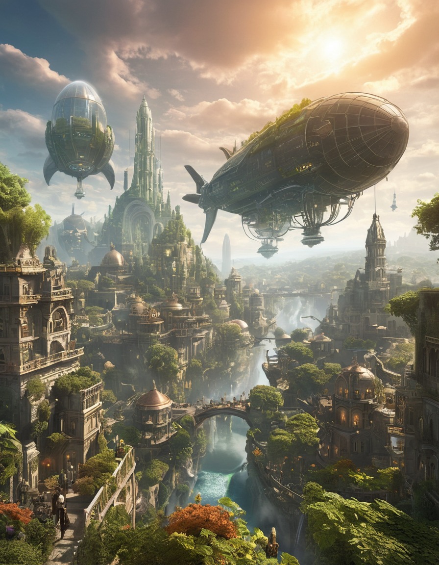 steampunk, futuristic, airships, robots, mystical beings, fantastic