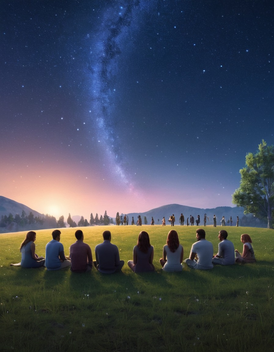 aliens, humans, meeting, meadow, starlit sky, extraterrestrial