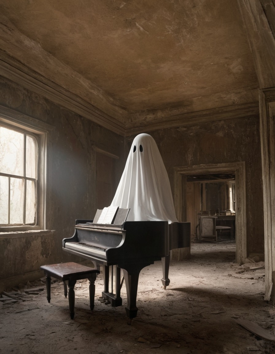 ghost, piano, abandoned house, supernatural, haunting, spirit, paranormal