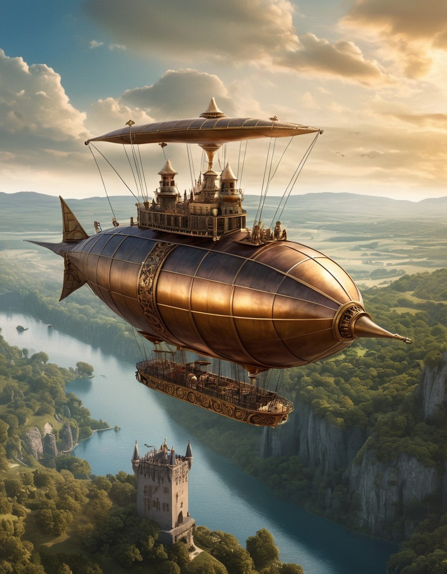 steampunk, airship, medieval landscape, medieval, art