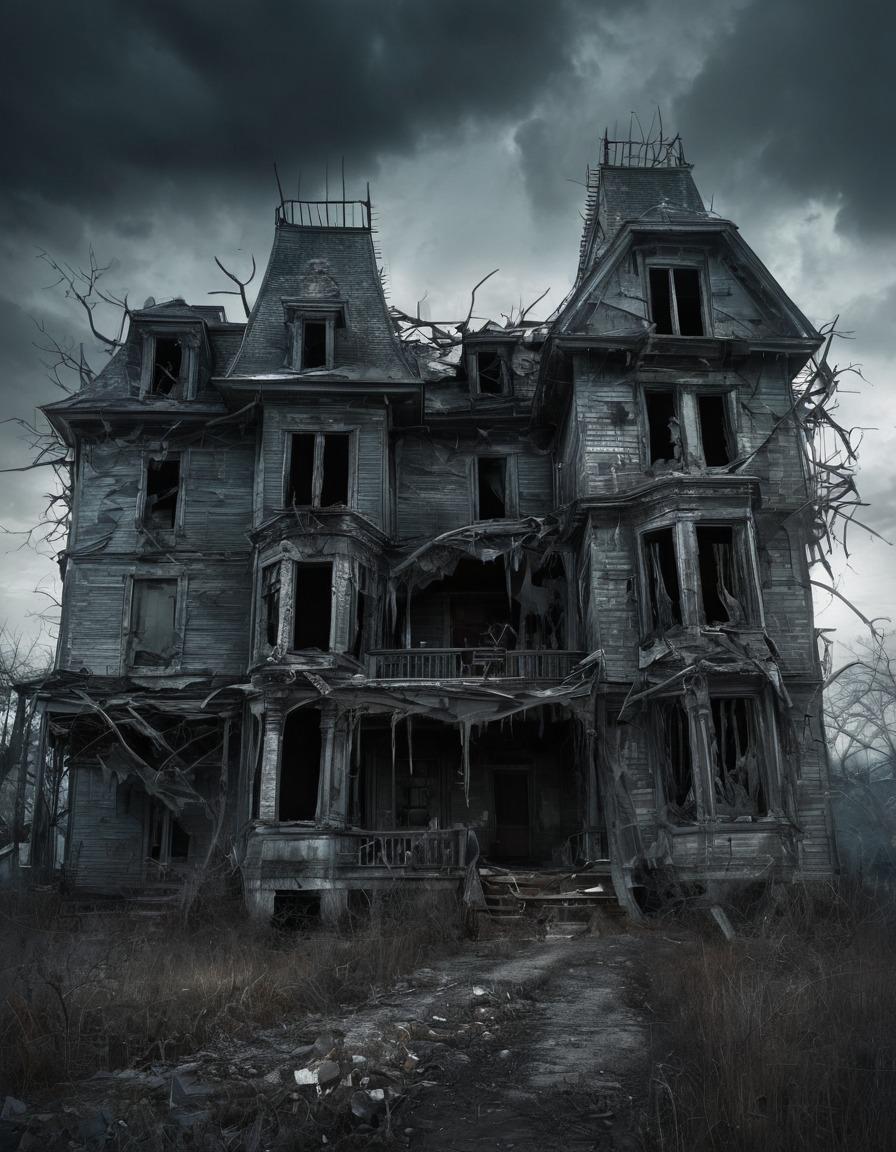 haunted house, broken windows, twisted architecture, spooky, eerie, gothic, underground, dark