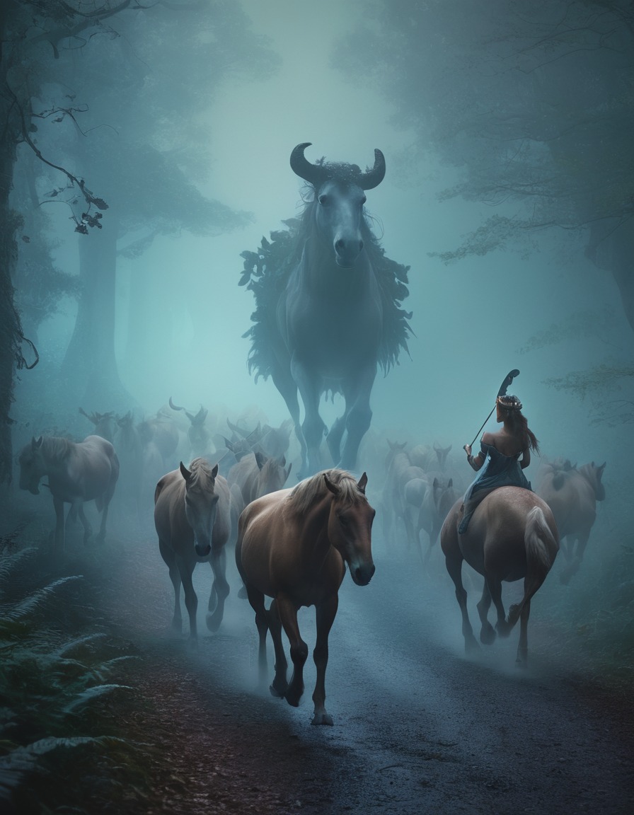 fantasy, centaur, mythical creatures, enchanted forest, misty