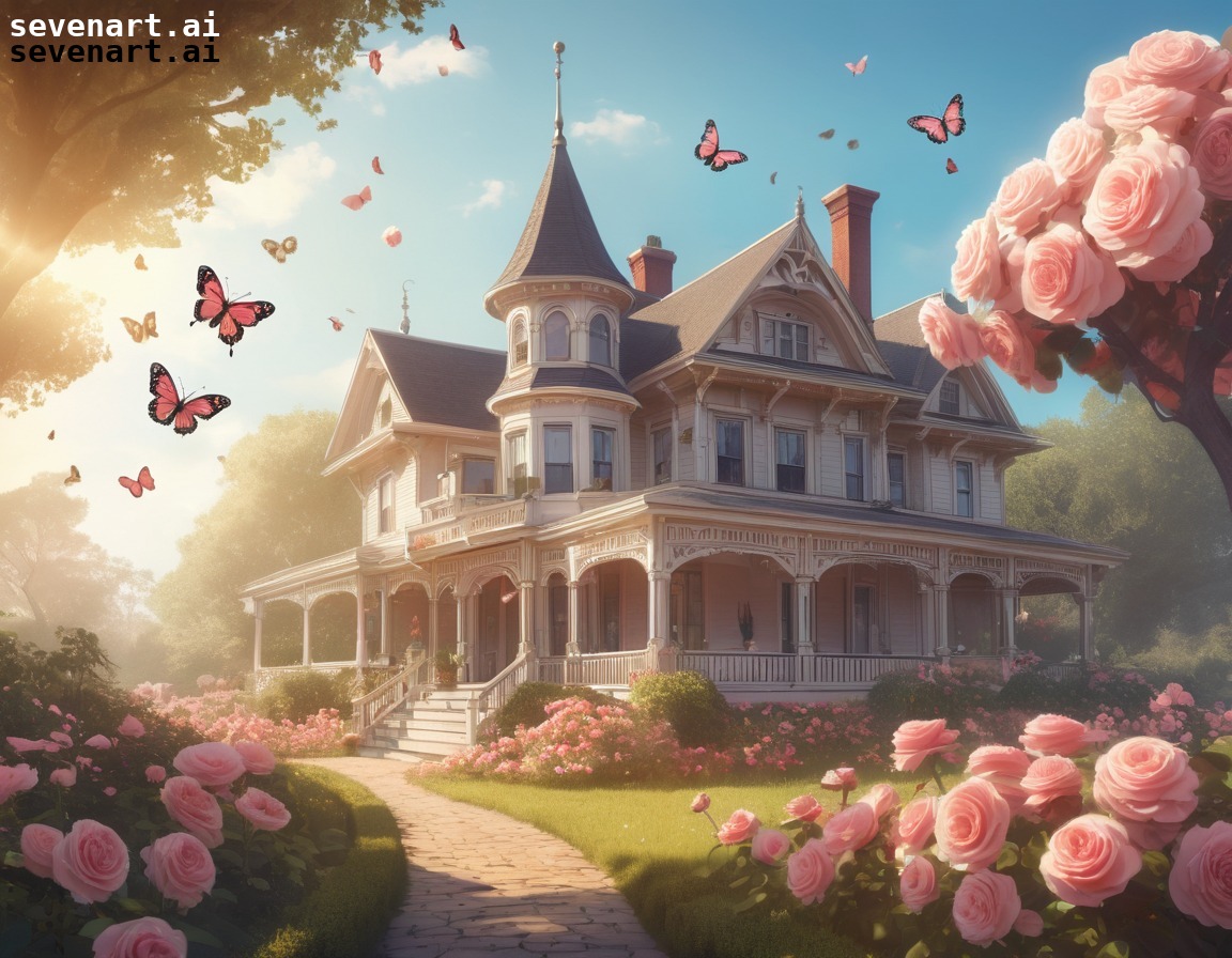 victorian house, rose garden, butterflies, charming, sunny, house, home