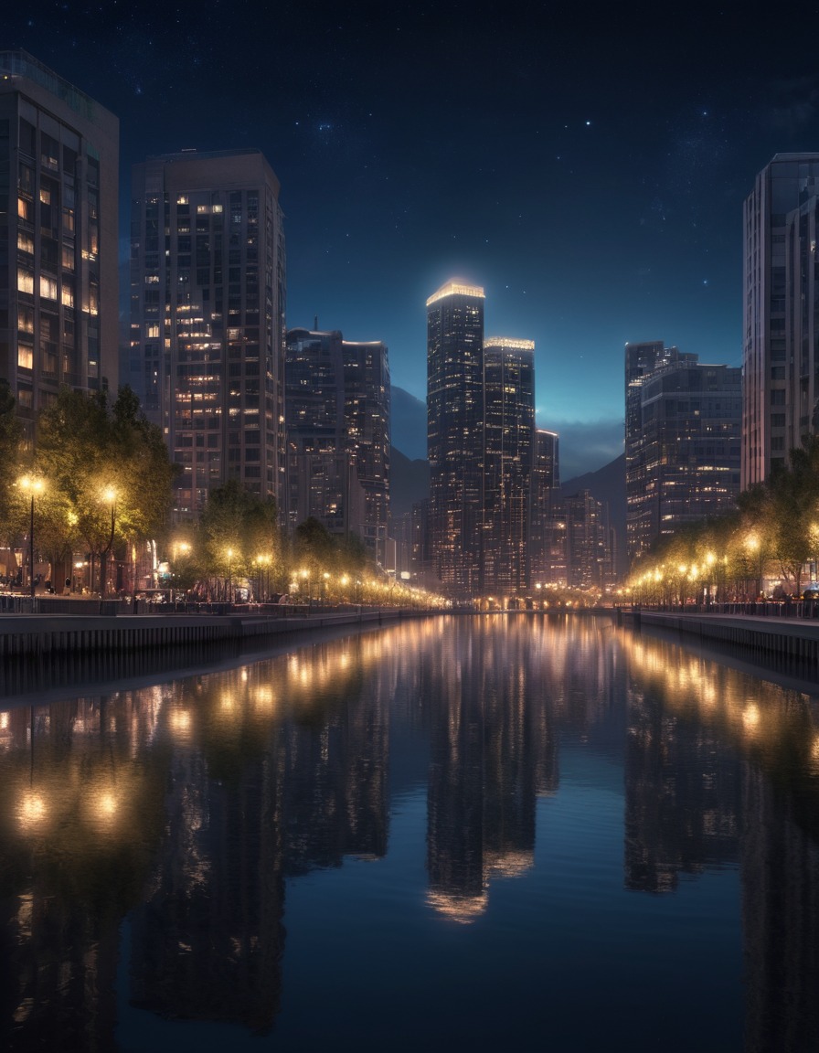 city lights, night scene, urban landscape, tranquil waters, skyline, nature, city