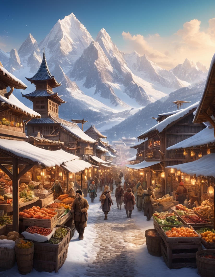 market, mountains, winter, snow, vendors, outdoors, nature, city