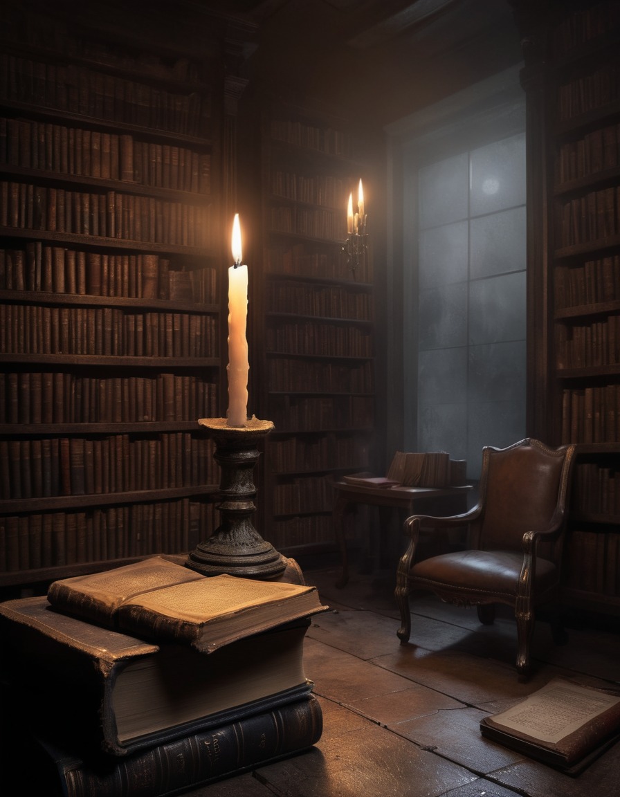 library, dusty, candlelight, leather-bound books, gothic, underground, dark