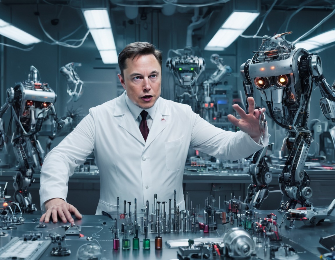 elon musk, mad scientist, tesla robots, futuristic gadgets, laboratory, elonmusk, musk