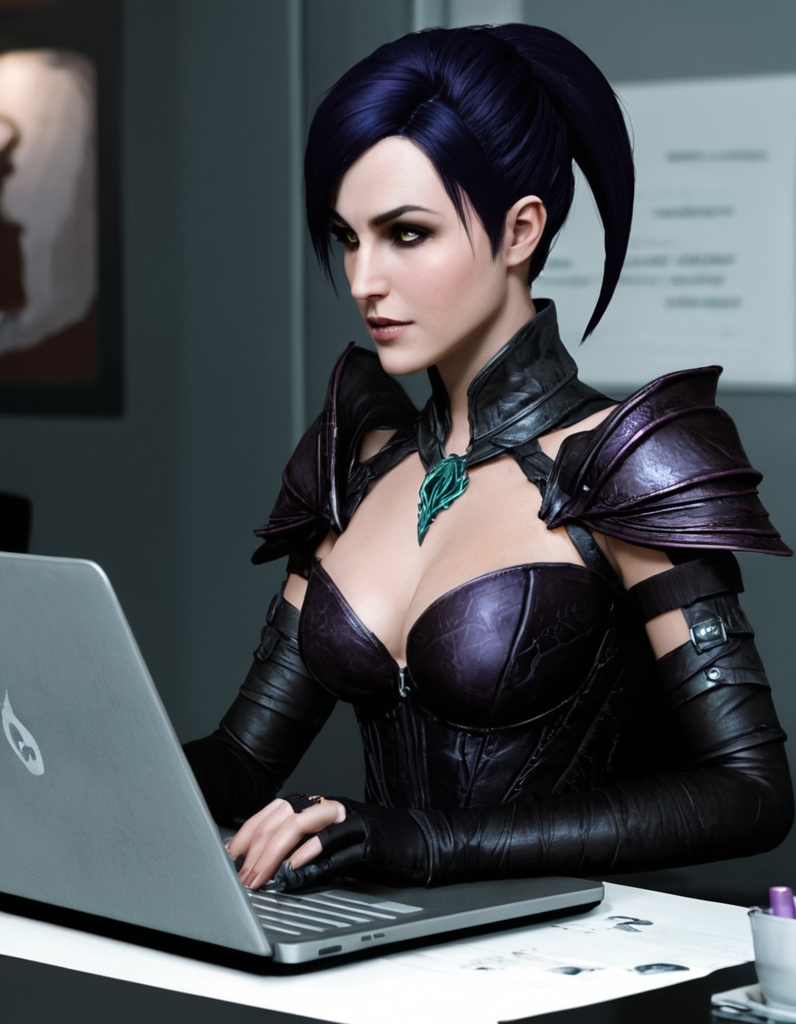 morrigan, dragon age, modern office, laptop, fantasy character, games, girls from games