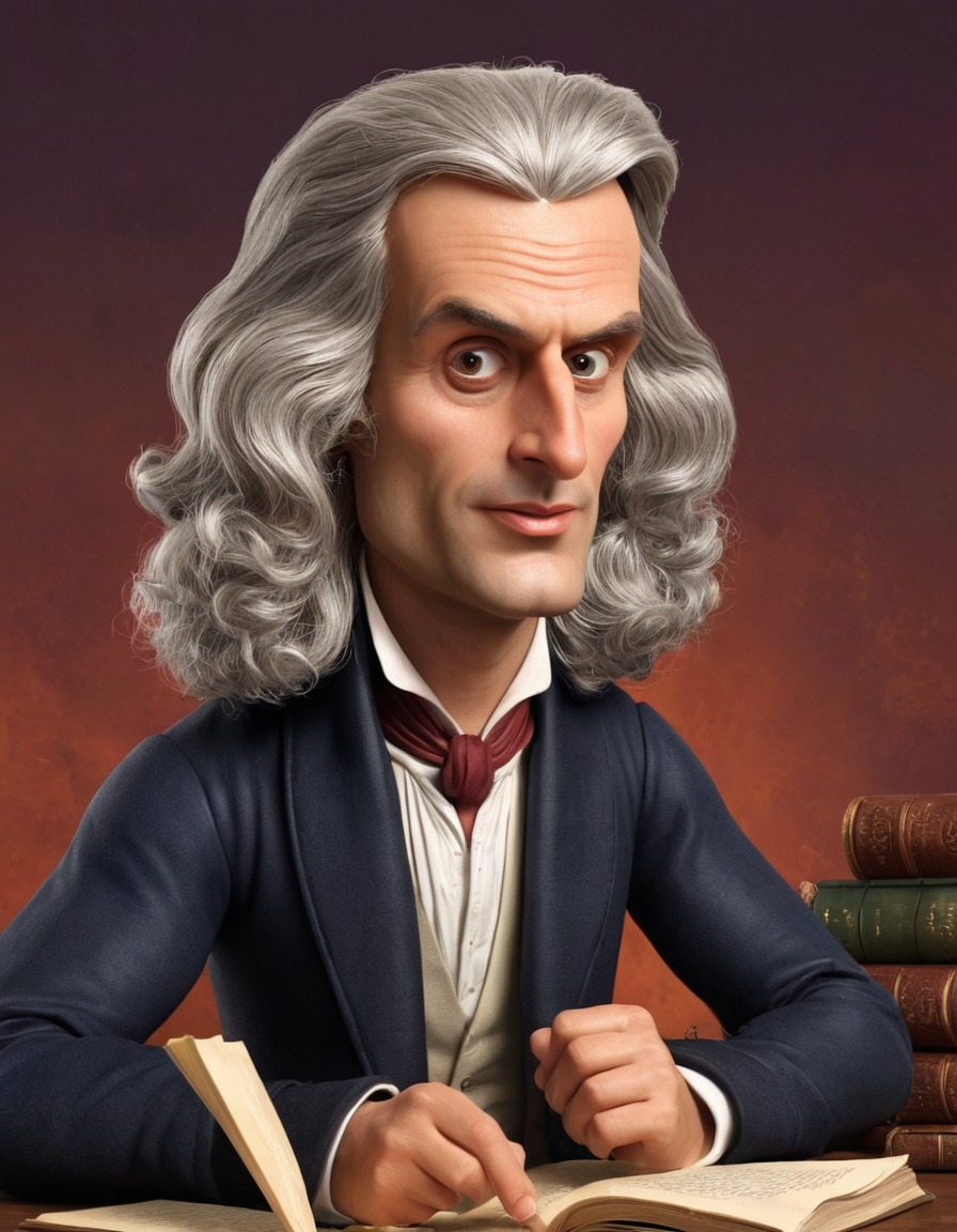 sir isaac newton, caricature, exaggeration, humor, funny