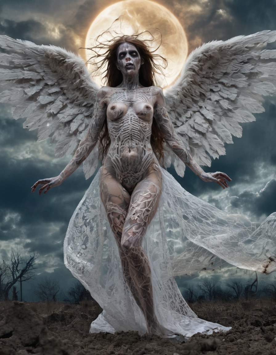 heaven, angels, zombies, female angel, celestial beings, intricate patterns, sky