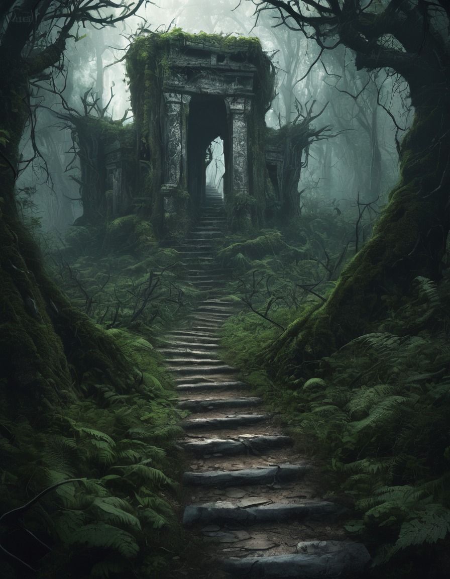 forest, path, thorn-covered, ancient ruins, mysterious, twisted, gothic, underground, dark