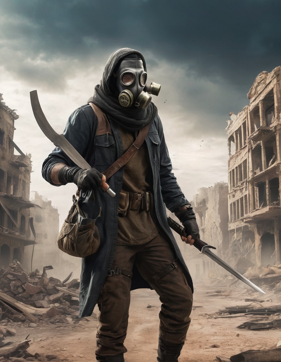 post-apocalyptic, lone wanderer, gas mask, machete, ruined city, fallout, games, tv shows