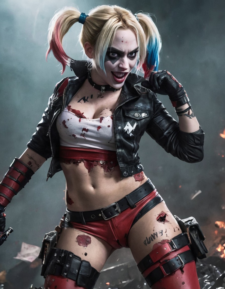 harley quinn, dc comics, batman, villain, fierce, battle, ripped clothes, superhero