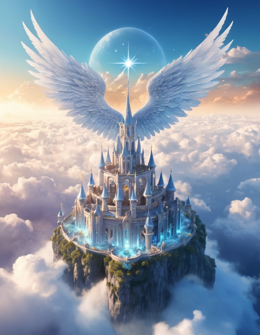 sky kingdom, angels, crystal wings, clouds, fantastic