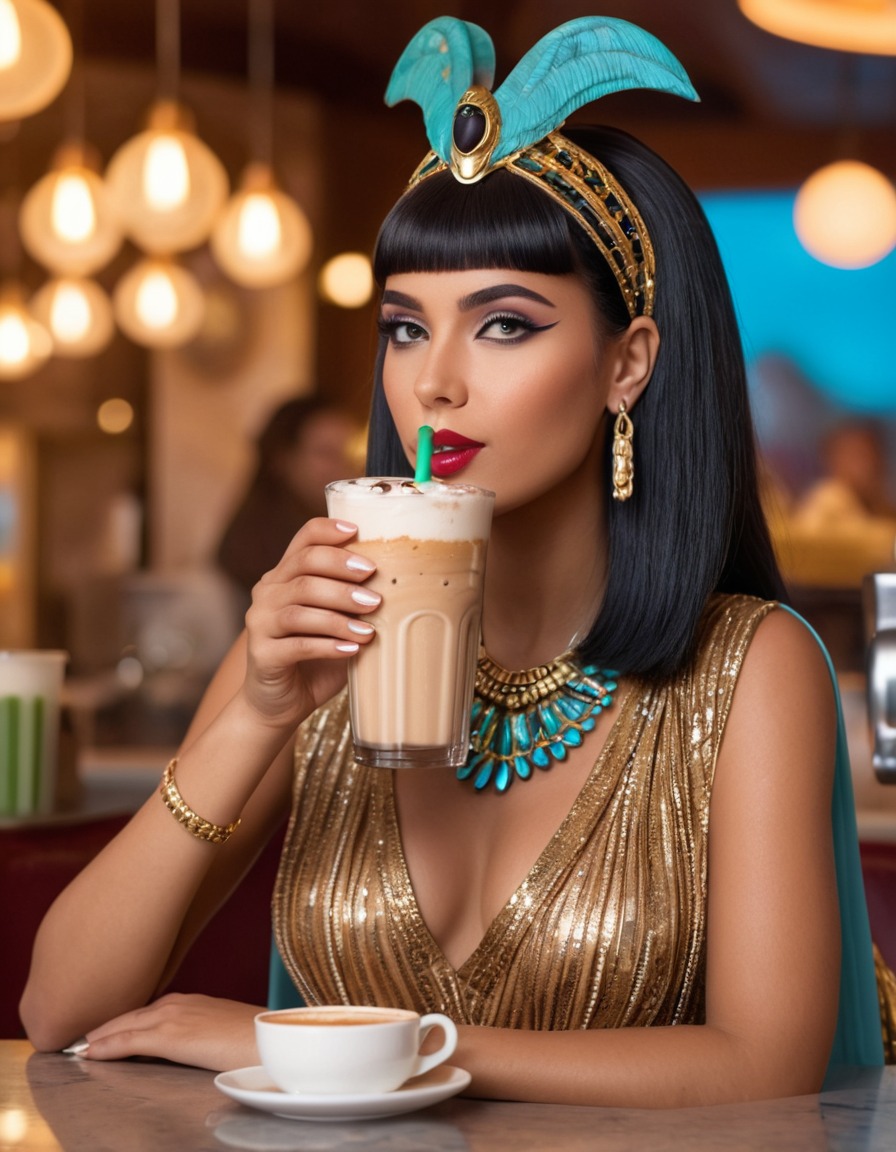 cleopatra, frappuccino, trendy coffee shop, ancient egypt