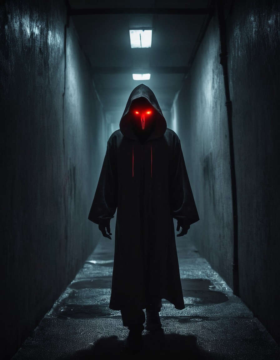 darkness, hooded figure, mysterious, urban, alleyway, glowing eyes, shadows, gothic, underground, dark