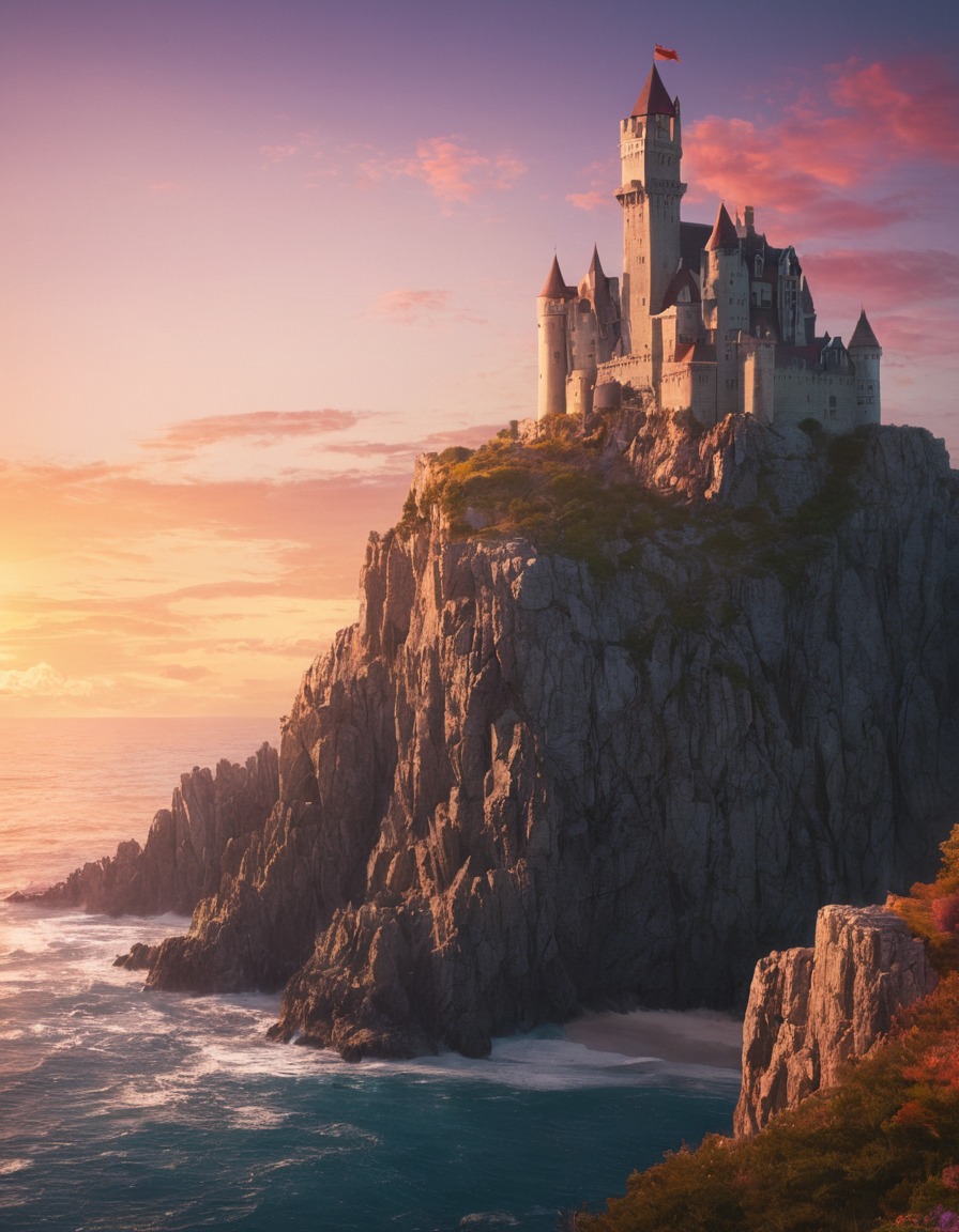 castle, cliff, ocean, sunset, landscape