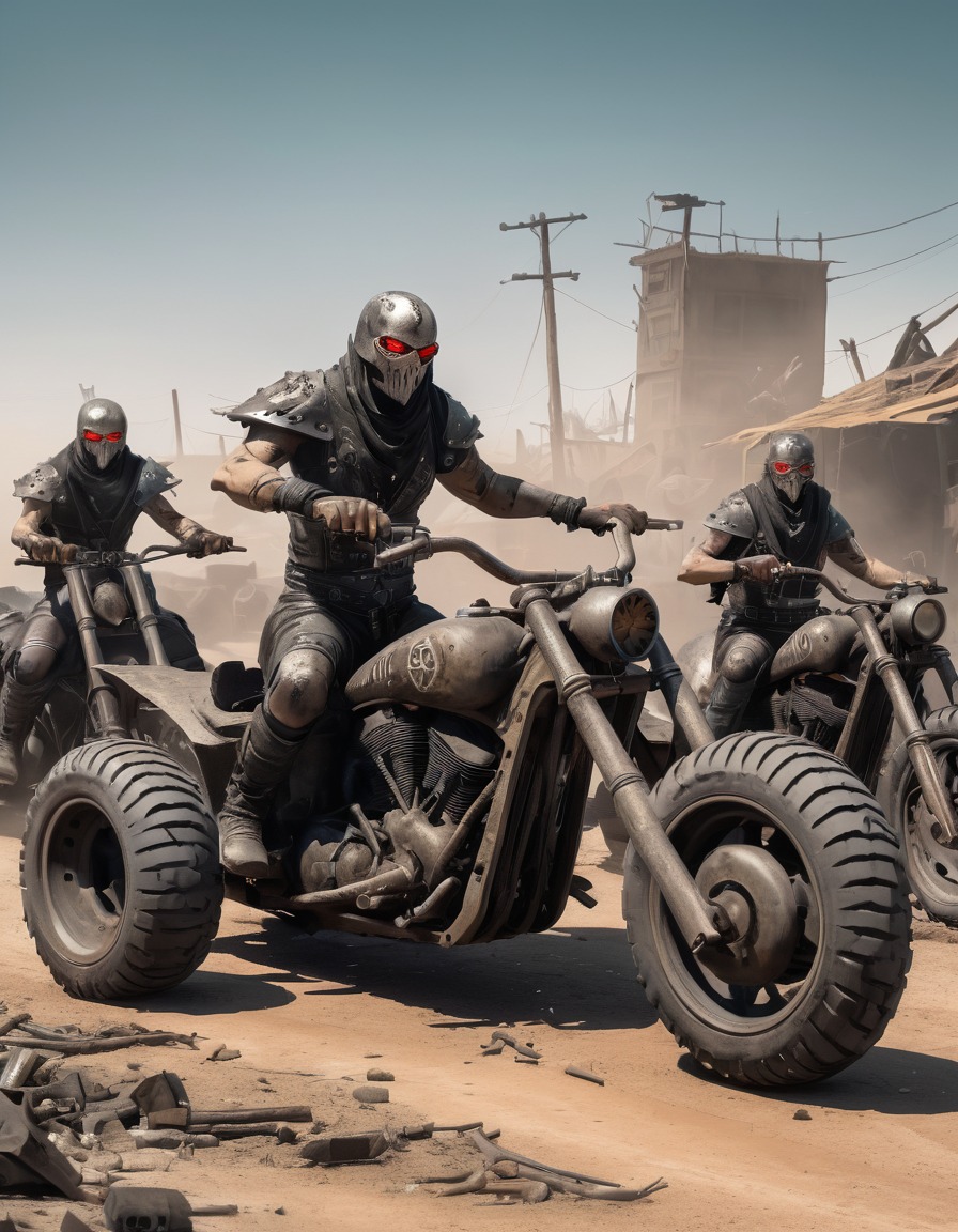 post-apocalyptic, wasteland, motorcycle gang, warriors, settlement, dystopian, mad max