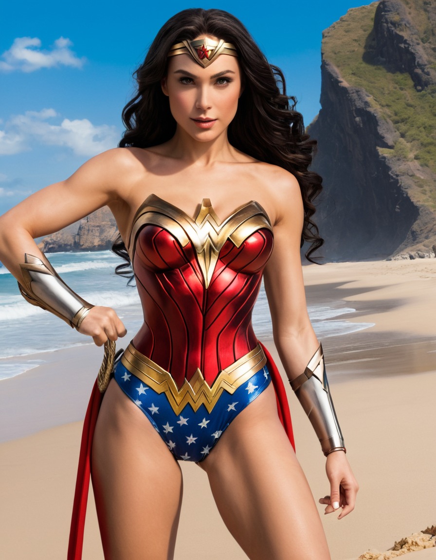 beach, wonder woman, dc comics, superhero, swimsuit, comic character, powerful woman