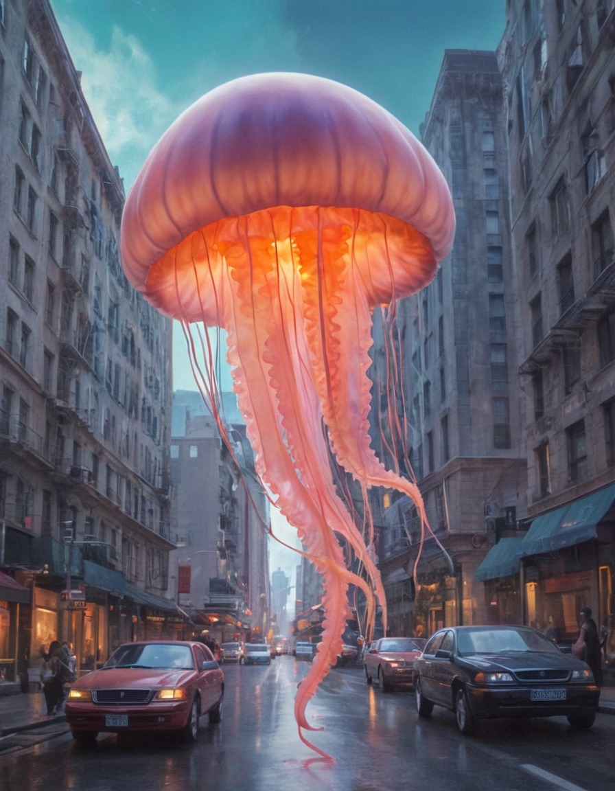 jellyfish, glowing, city, street, urban wildlife, surreal