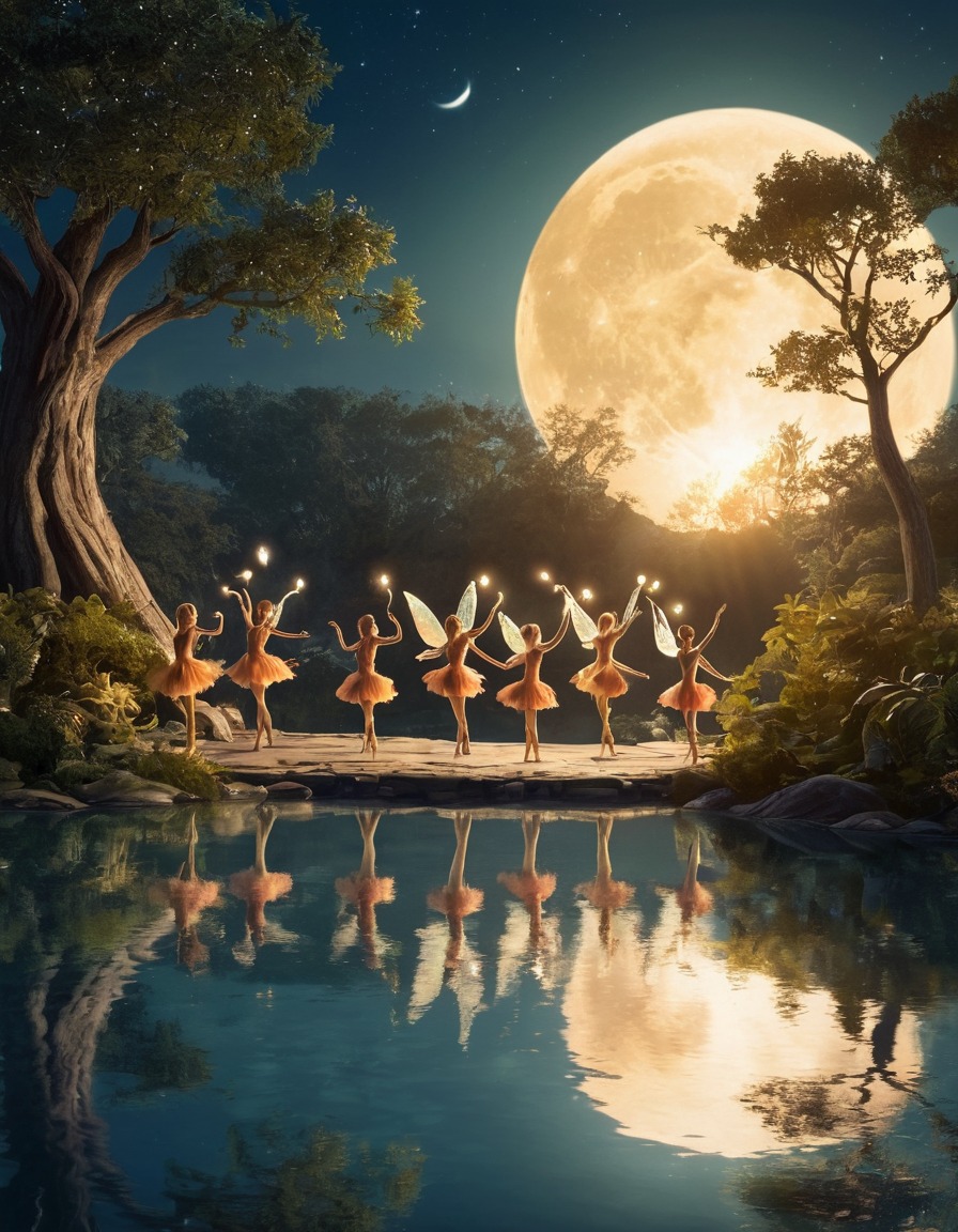 fairies, magical, pond, full moon, dancing, fantastic