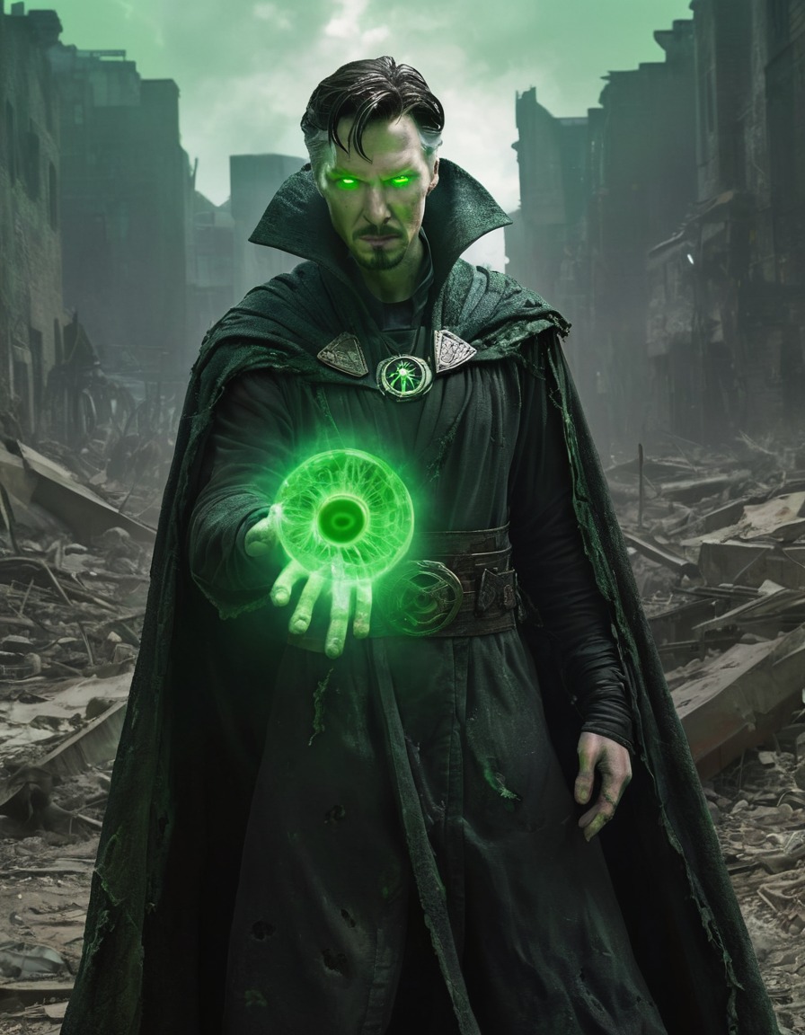 doctor strange, zombie, mystical, green eyes, tattered cape, spells, post-apocalyptic, marvel