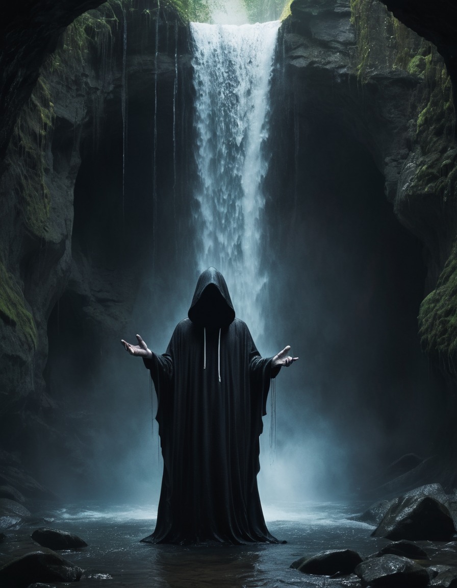 hooded figure, chanting, waterfall, mystical, ritual, mystery, spirituality