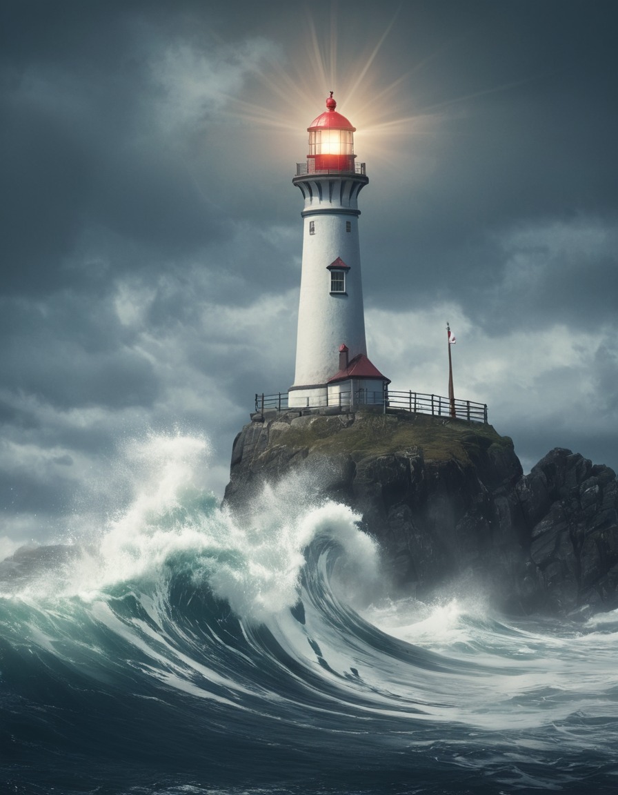 lighthouse, waves, ocean, seascape, stormy seas