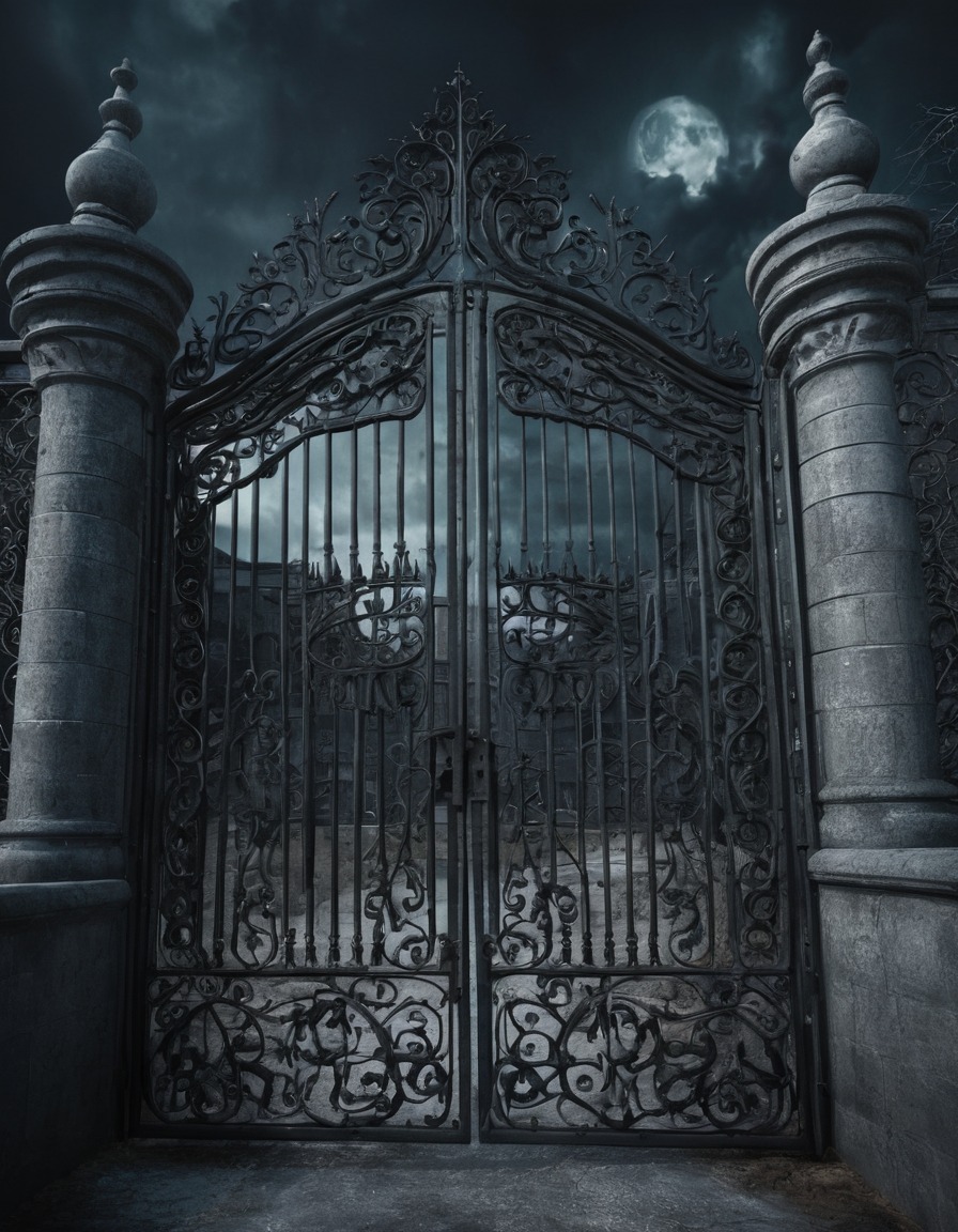 iron gate, wrought-iron, mansion, mysterious, gothic, underground, dark