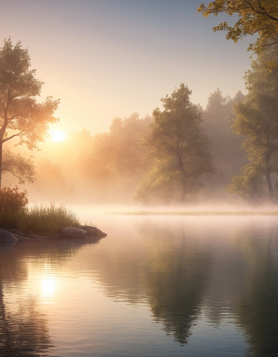 nature, sunrise, lake, mist, tranquility