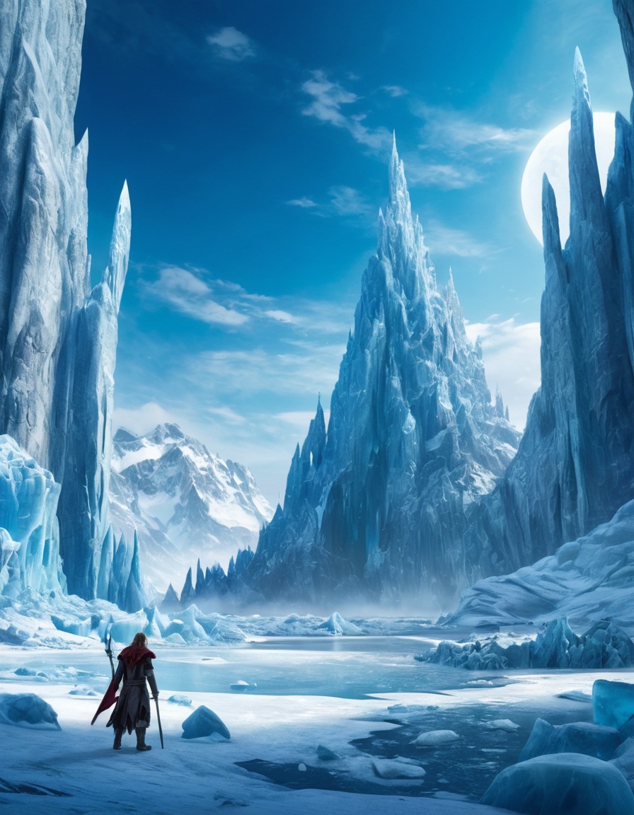 frozen kingdom, ice giants, snow creatures, glaciers, ice caves, fantasy landscape, fantastic