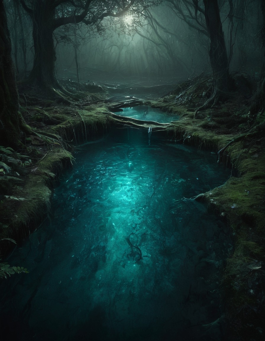 mystical, forest, pool, water, hidden, clearing, enchantment