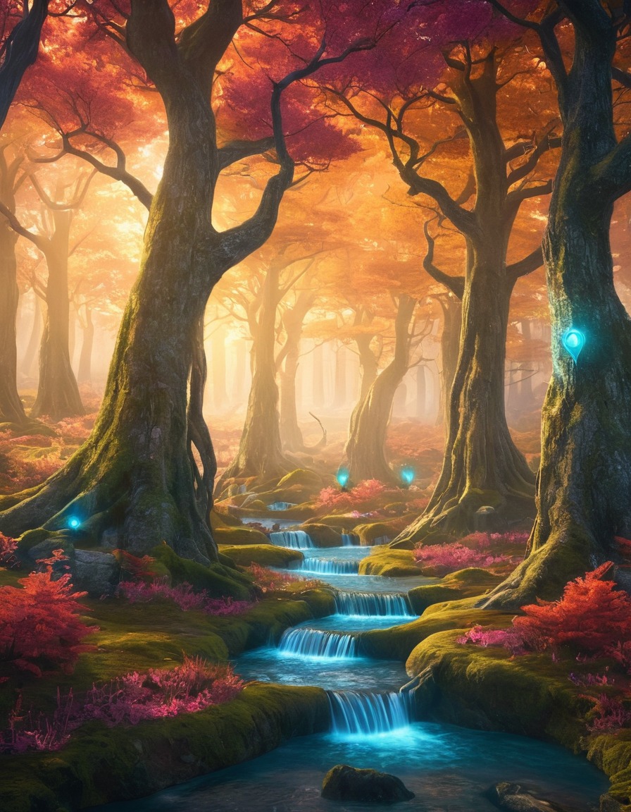 magical, forest, glowing, trees, otherworldly, creatures