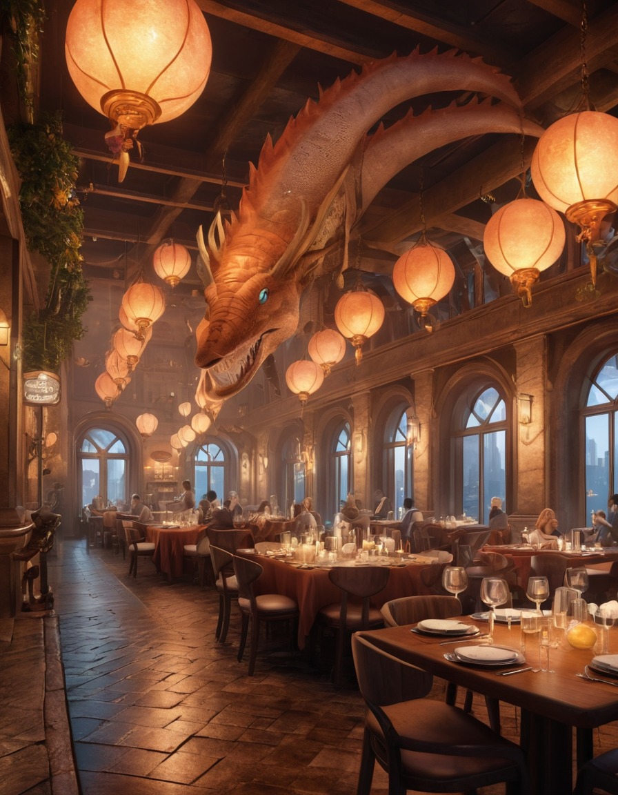 fantasy, restaurant, fictional creatures, city, imaginary, magical, dining experience