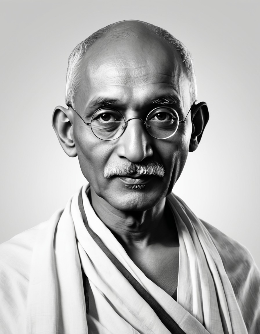 mahatma gandhi, portrait, minimalistic art, black and white, indian leader, anime