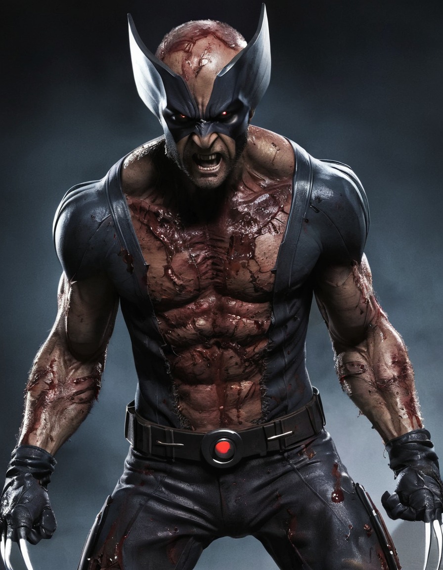 wolverine, x-men, comic character, decay, tattered costume, bloodshot eyes, menacing pose, zombie