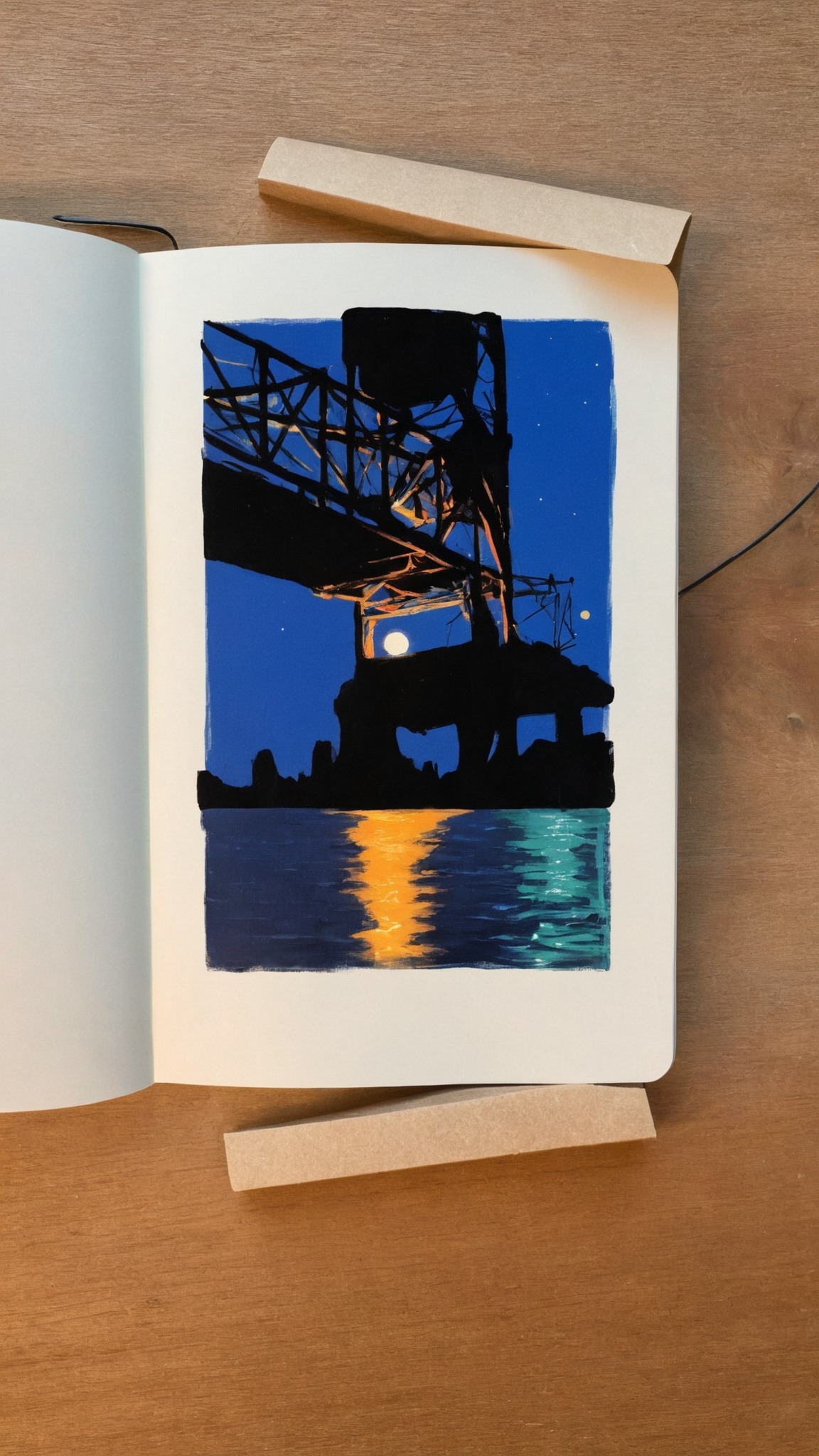 moleskine, sketchbook, sketch, daily, dailyart, dailydrawing, dailypainting, dailysketch, sketchaday, art, artoftheday, artbook, artists on tumblr, watercolor, gouache, painting, scenery, bridge, night, fire