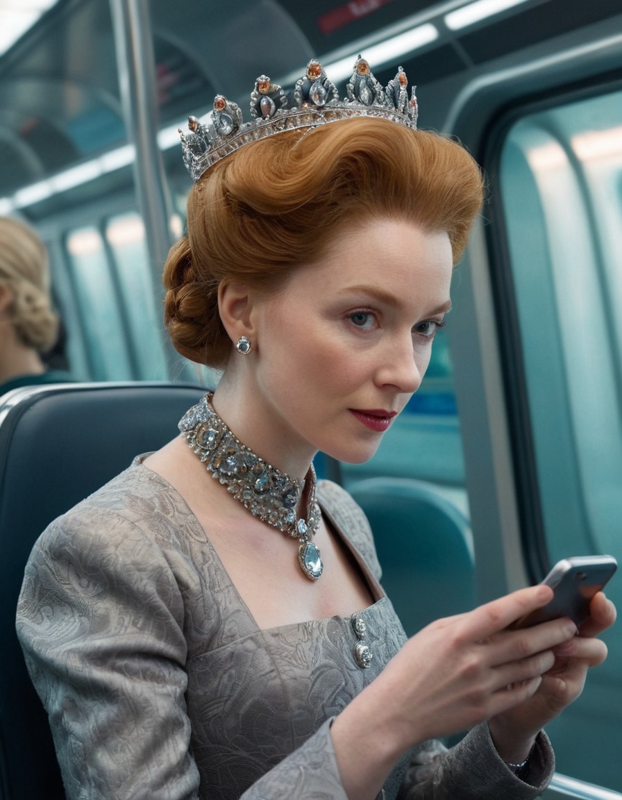 elizabeth i, england, smartphone, futuristic, public transportation