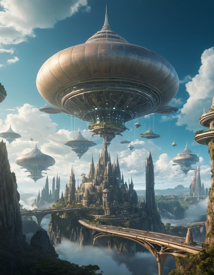 alien civilization, advanced technology, cloud city, futuristic architecture, extraterrestrial engineering, science fiction, floating transportation, extraterrestrial, aliens