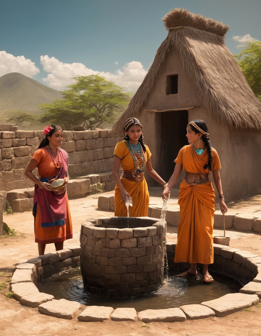 ancient civilization, mesoamerica, women, water source, daily life, 1200 ad, communal well